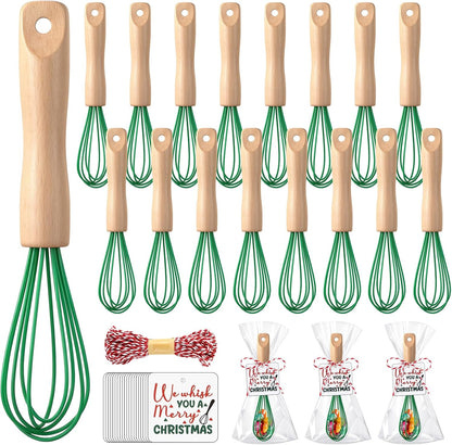 20 Sets Baking Gifts Set Includes 8 Inch Silicone Whisk with Wood Handle Wired Stainless Steel Whisk Set Greeting Cards Plastic Bags for Party Birthday Christmas Stuffers Gift(Red)