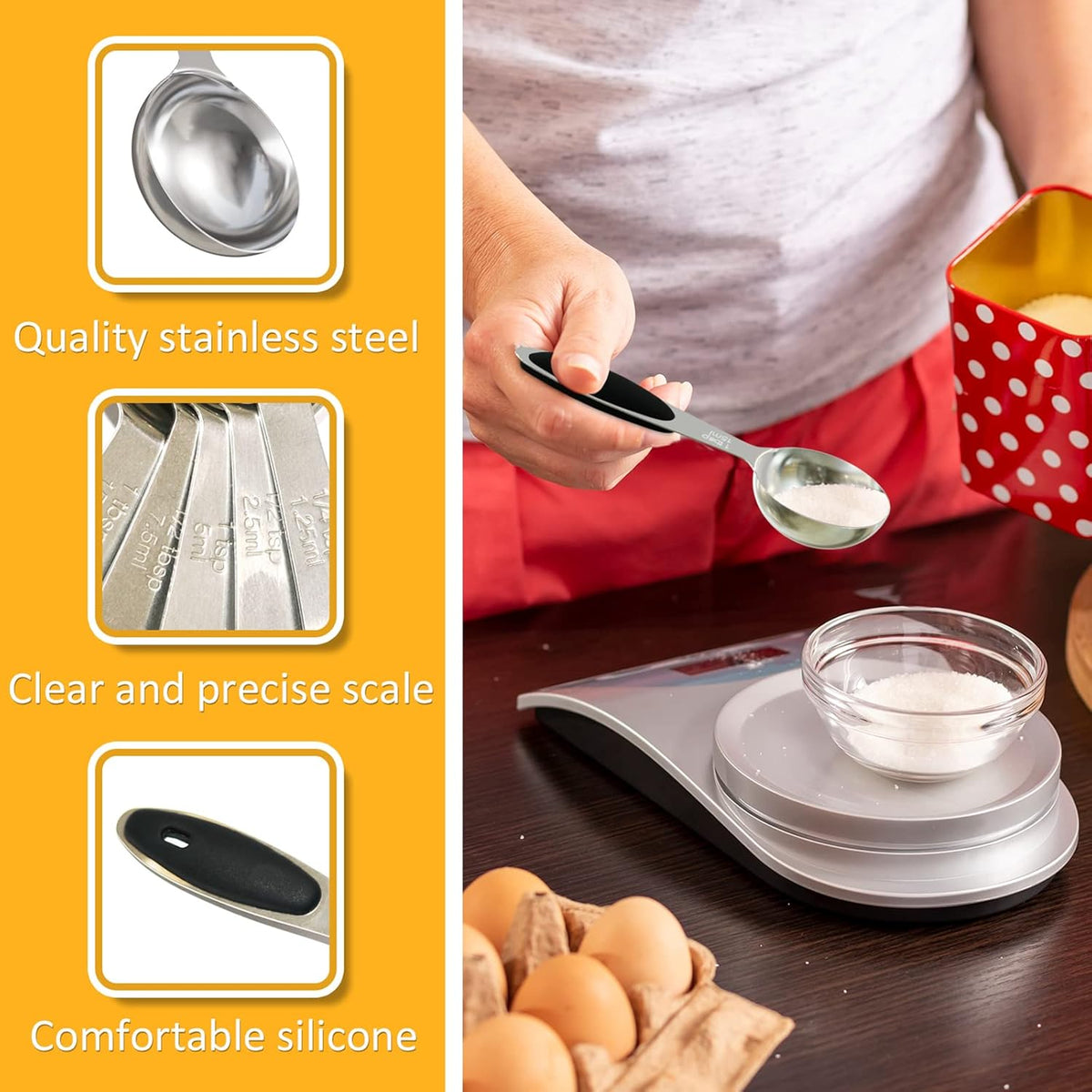 2PCS 1Tbsp(15ml, 1/2oz) Measuring Spoon, Stainless Steel Measure Scoop | Accurate, BPA-Free, Dishwasher Safe, Silicone Grip, Engraved Marking, Kitchen Essential