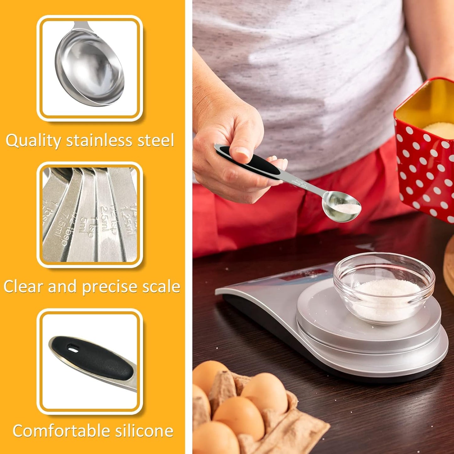 2PCS 1Tbsp(15ml, 1/2oz) Measuring Spoon, Stainless Steel Measure Scoop | Accurate, BPA-Free, Dishwasher Safe, Silicone Grip, Engraved Marking, Kitchen Essential