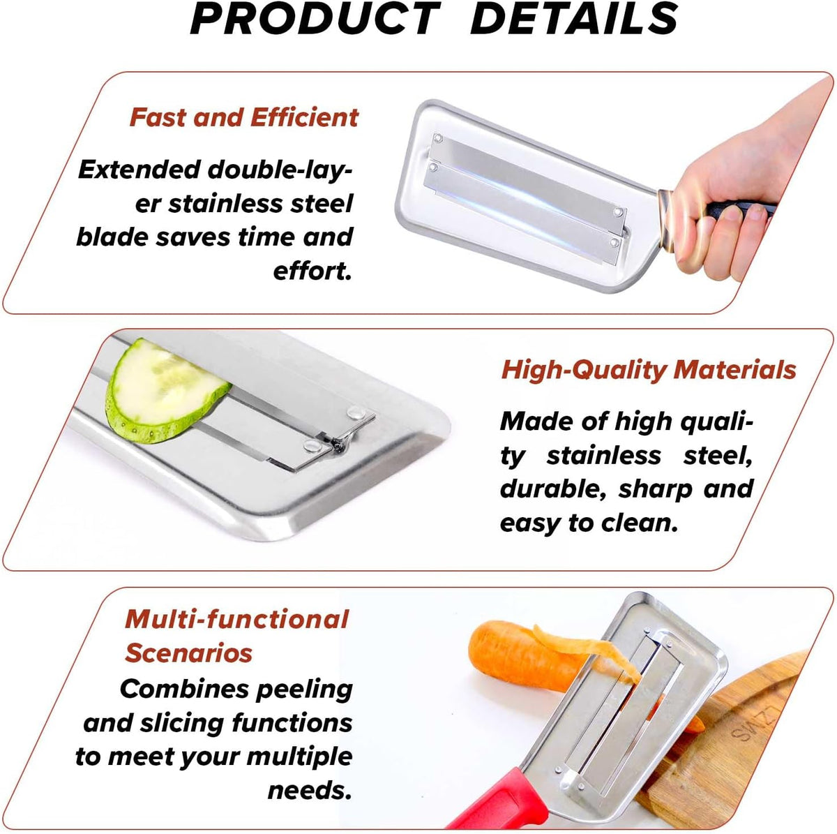 3Pcs Stainless Steel Dual Blade Julienne Cutter with Ergonomic Handle,Multifunctional Rust-resistant Kitchen Tool,Shredder Knife for Cabbage&Carrot&Potato&Fish (Beige, yellow and green)