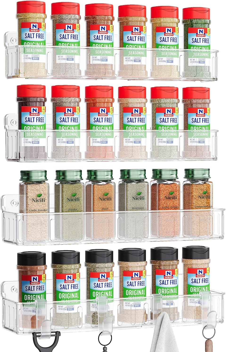 Spice Rack Wall Mount, 4 Pack Clear, 2" Depth, Screw/Adhesive | Wall-Mounted with Removable Hooks Saves Counter Space, Fits 2" Deep Jars, Ideal for Kitchen Cabinets, Pantry Doors, and RVs.