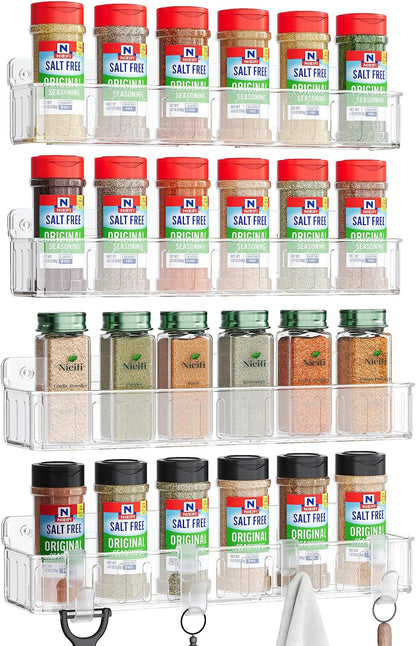 Spice Rack Wall Mount, 4 Pack Clear, 2" Depth, Screw/Adhesive | Wall-Mounted with Removable Hooks Saves Counter Space, Fits 2" Deep Jars, Ideal for Kitchen Cabinets, Pantry Doors, and RVs.