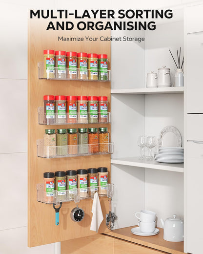 Spice Rack Wall Mount, 4 Pack Clear, 2" Depth, Screw/Adhesive | Wall-Mounted with Removable Hooks Saves Counter Space, Fits 2" Deep Jars, Ideal for Kitchen Cabinets, Pantry Doors, and RVs.