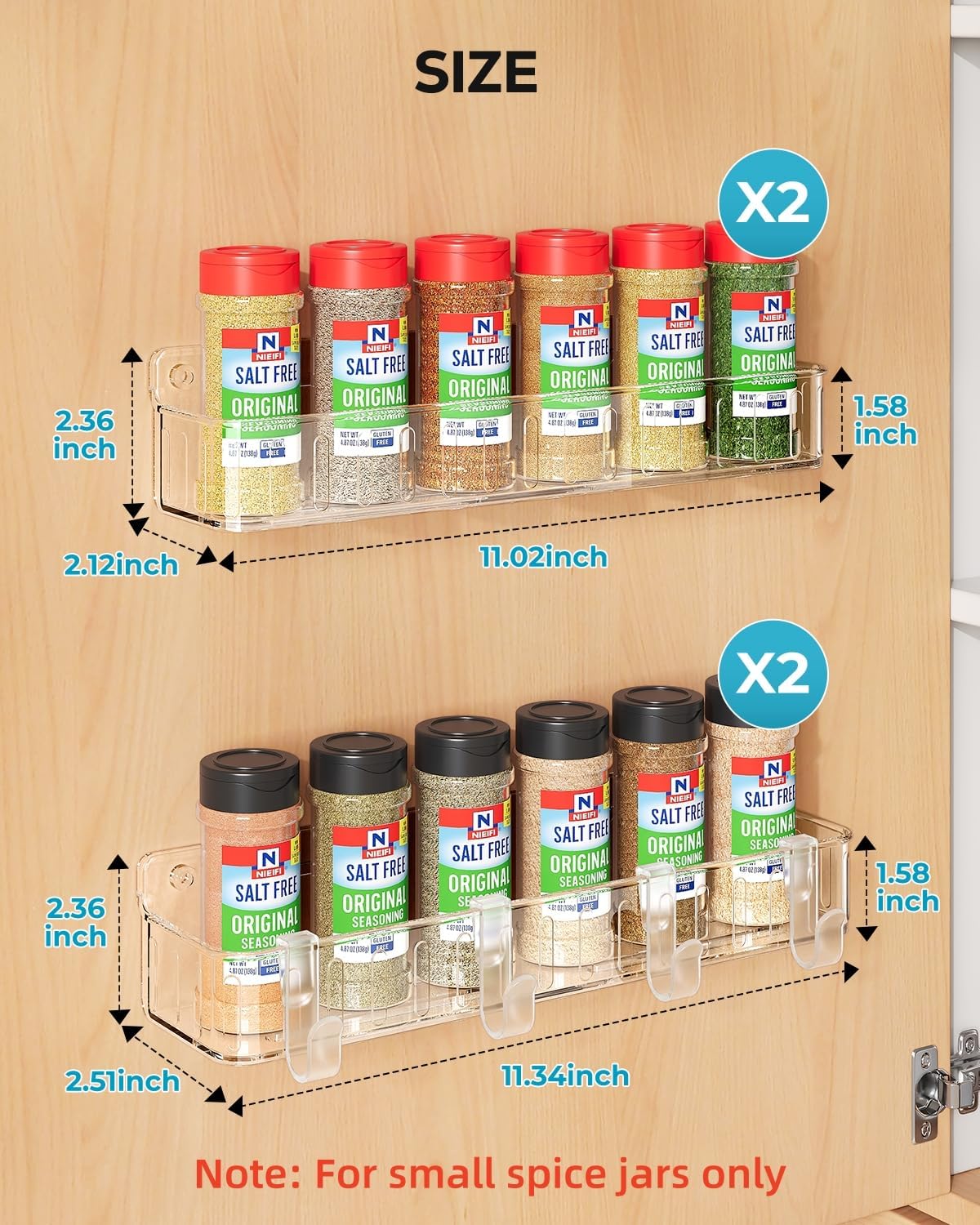Spice Rack Wall Mount, 4 Pack Clear, 2" Depth, Screw/Adhesive | Wall-Mounted with Removable Hooks Saves Counter Space, Fits 2" Deep Jars, Ideal for Kitchen Cabinets, Pantry Doors, and RVs.