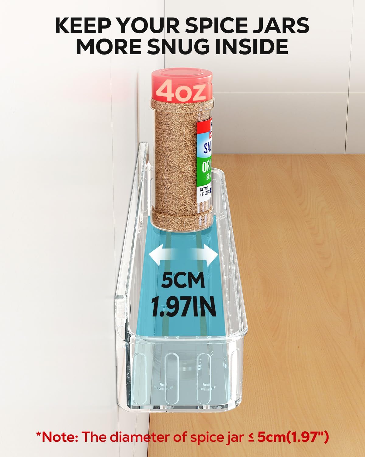 Spice Rack Wall Mount, 4 Pack Clear, 2" Depth, Screw/Adhesive | Wall-Mounted with Removable Hooks Saves Counter Space, Fits 2" Deep Jars, Ideal for Kitchen Cabinets, Pantry Doors, and RVs.
