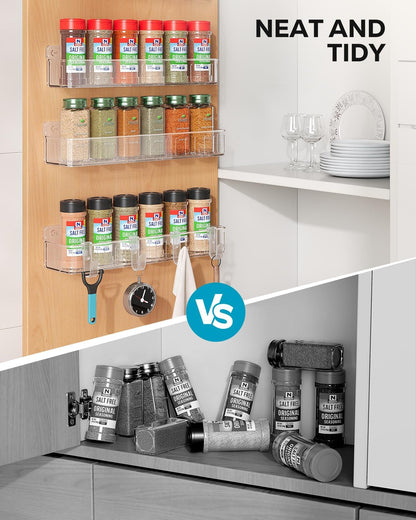 Spice Rack Wall Mount, 4 Pack Clear, 2" Depth, Screw/Adhesive | Wall-Mounted with Removable Hooks Saves Counter Space, Fits 2" Deep Jars, Ideal for Kitchen Cabinets, Pantry Doors, and RVs.
