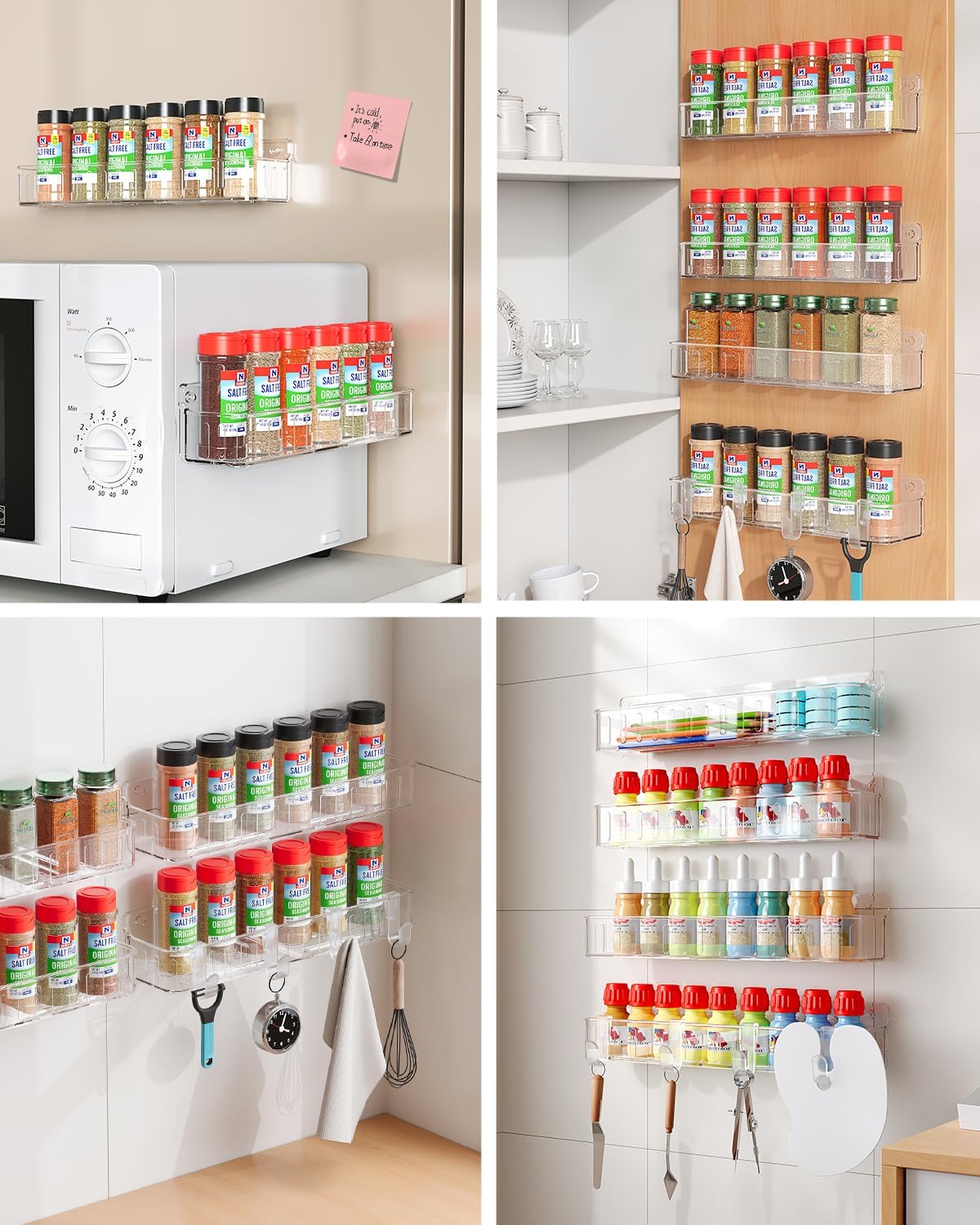 Spice Rack Wall Mount, 4 Pack Clear, 2" Depth, Screw/Adhesive | Wall-Mounted with Removable Hooks Saves Counter Space, Fits 2" Deep Jars, Ideal for Kitchen Cabinets, Pantry Doors, and RVs.