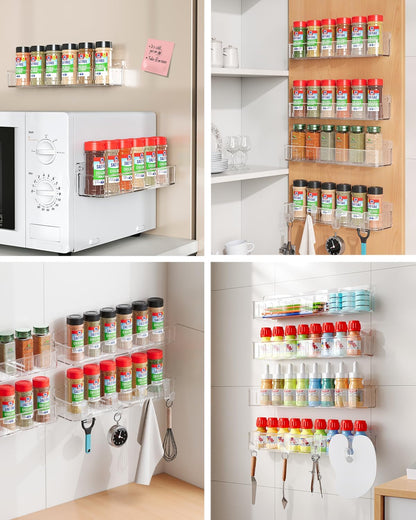 Spice Rack Wall Mount, 4 Pack Clear, 2" Depth, Screw/Adhesive | Wall-Mounted with Removable Hooks Saves Counter Space, Fits 2" Deep Jars, Ideal for Kitchen Cabinets, Pantry Doors, and RVs.