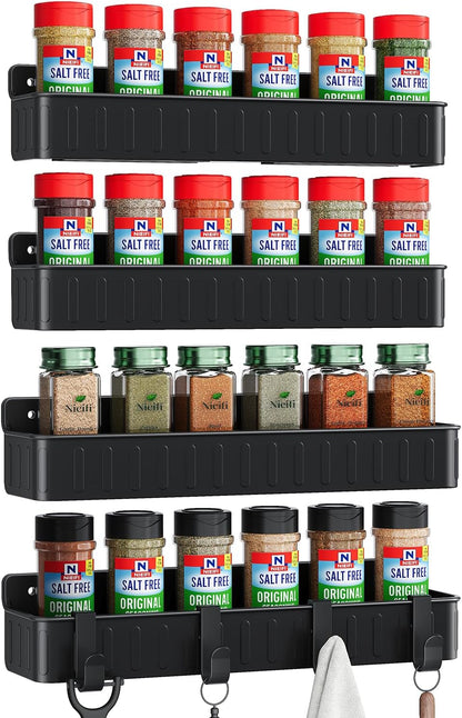 Spice Rack Wall Mount, 4 Pack Clear, 2" Depth, Screw/Adhesive | Wall-Mounted with Removable Hooks Saves Counter Space, Fits 2" Deep Jars, Ideal for Kitchen Cabinets, Pantry Doors, and RVs.