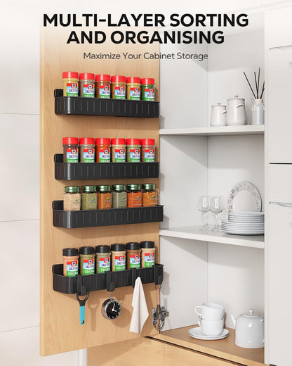 Spice Rack Wall Mount, 4 Pack Clear, 2" Depth, Screw/Adhesive | Wall-Mounted with Removable Hooks Saves Counter Space, Fits 2" Deep Jars, Ideal for Kitchen Cabinets, Pantry Doors, and RVs.