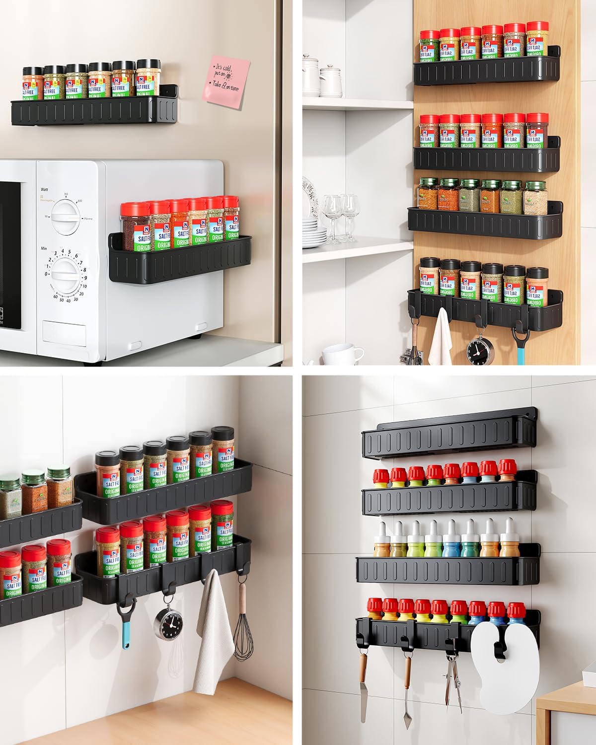 Spice Rack Wall Mount, 4 Pack Clear, 2" Depth, Screw/Adhesive | Wall-Mounted with Removable Hooks Saves Counter Space, Fits 2" Deep Jars, Ideal for Kitchen Cabinets, Pantry Doors, and RVs.