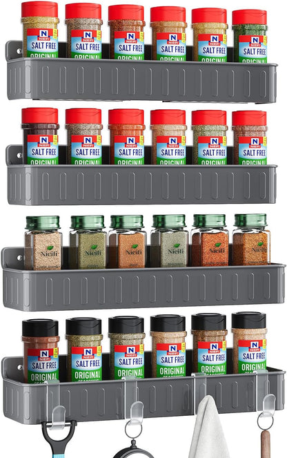 Spice Rack Wall Mount, 4 Pack Clear, 2" Depth, Screw/Adhesive | Wall-Mounted with Removable Hooks Saves Counter Space, Fits 2" Deep Jars, Ideal for Kitchen Cabinets, Pantry Doors, and RVs.