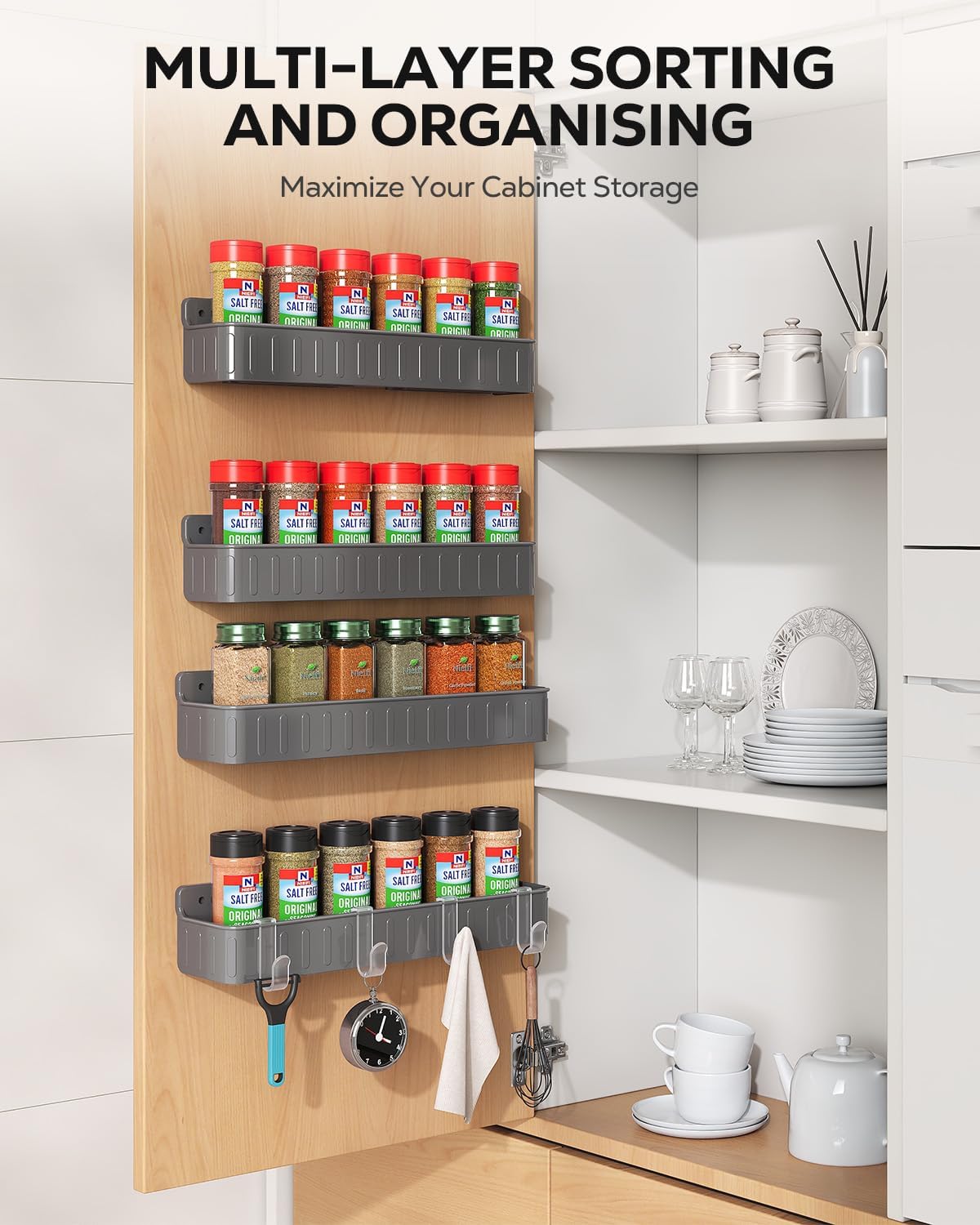 Spice Rack Wall Mount, 4 Pack Clear, 2" Depth, Screw/Adhesive | Wall-Mounted with Removable Hooks Saves Counter Space, Fits 2" Deep Jars, Ideal for Kitchen Cabinets, Pantry Doors, and RVs.