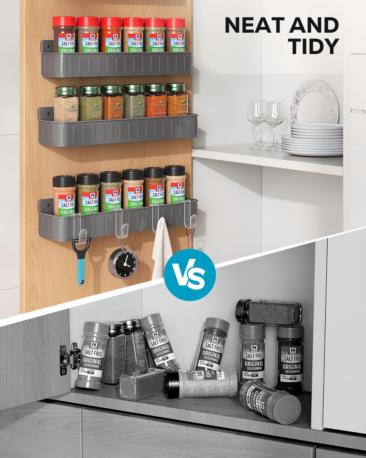 Spice Rack Wall Mount, 4 Pack Clear, 2" Depth, Screw/Adhesive | Wall-Mounted with Removable Hooks Saves Counter Space, Fits 2" Deep Jars, Ideal for Kitchen Cabinets, Pantry Doors, and RVs.