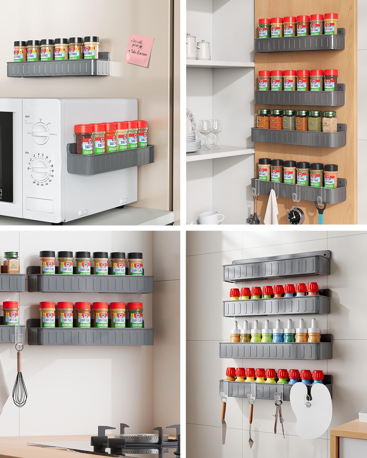 Spice Rack Wall Mount, 4 Pack Clear, 2" Depth, Screw/Adhesive | Wall-Mounted with Removable Hooks Saves Counter Space, Fits 2" Deep Jars, Ideal for Kitchen Cabinets, Pantry Doors, and RVs.