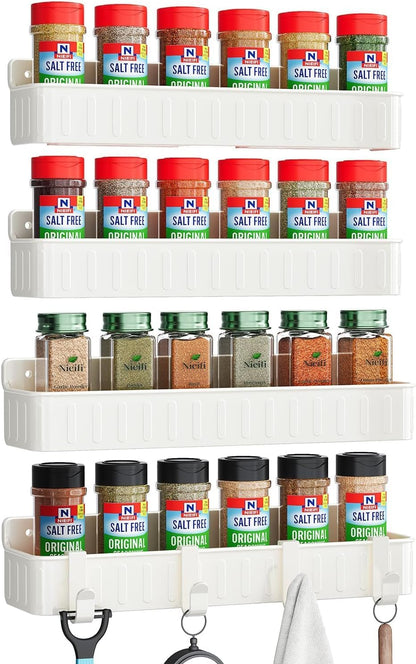 Spice Rack Wall Mount, 4 Pack Clear, 2" Depth, Screw/Adhesive | Wall-Mounted with Removable Hooks Saves Counter Space, Fits 2" Deep Jars, Ideal for Kitchen Cabinets, Pantry Doors, and RVs.