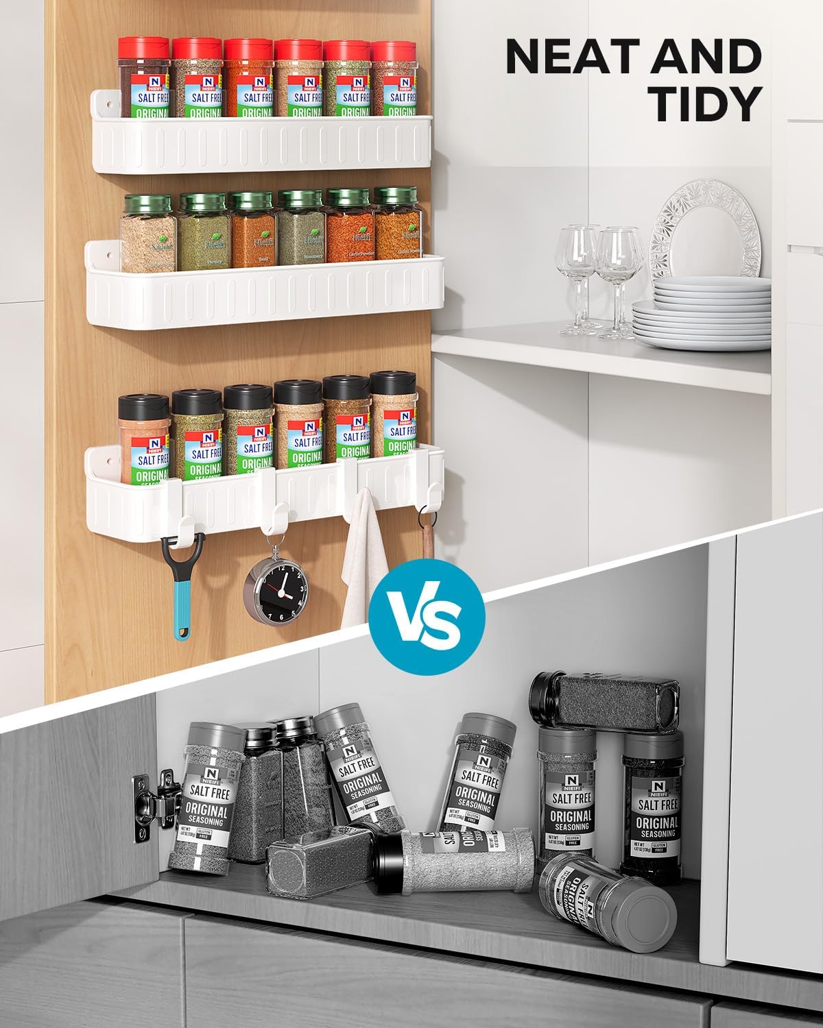 Spice Rack Wall Mount, 4 Pack Clear, 2" Depth, Screw/Adhesive | Wall-Mounted with Removable Hooks Saves Counter Space, Fits 2" Deep Jars, Ideal for Kitchen Cabinets, Pantry Doors, and RVs.