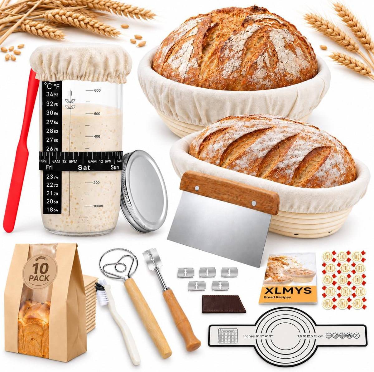 Sourdough Starter Kit - Banneton Proofing Basket 9 Inch Round & 10 Oval, Complete Sourdough Bread Baking Supplies with Starter Jar, Bread Sling, Lame, Danish Dough Whisk, Bags