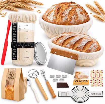 Sourdough Starter Kit - Banneton Proofing Basket 9 Inch Round & 10 Oval, Complete Sourdough Bread Baking Supplies with Starter Jar, Bread Sling, Lame, Danish Dough Whisk, Bags