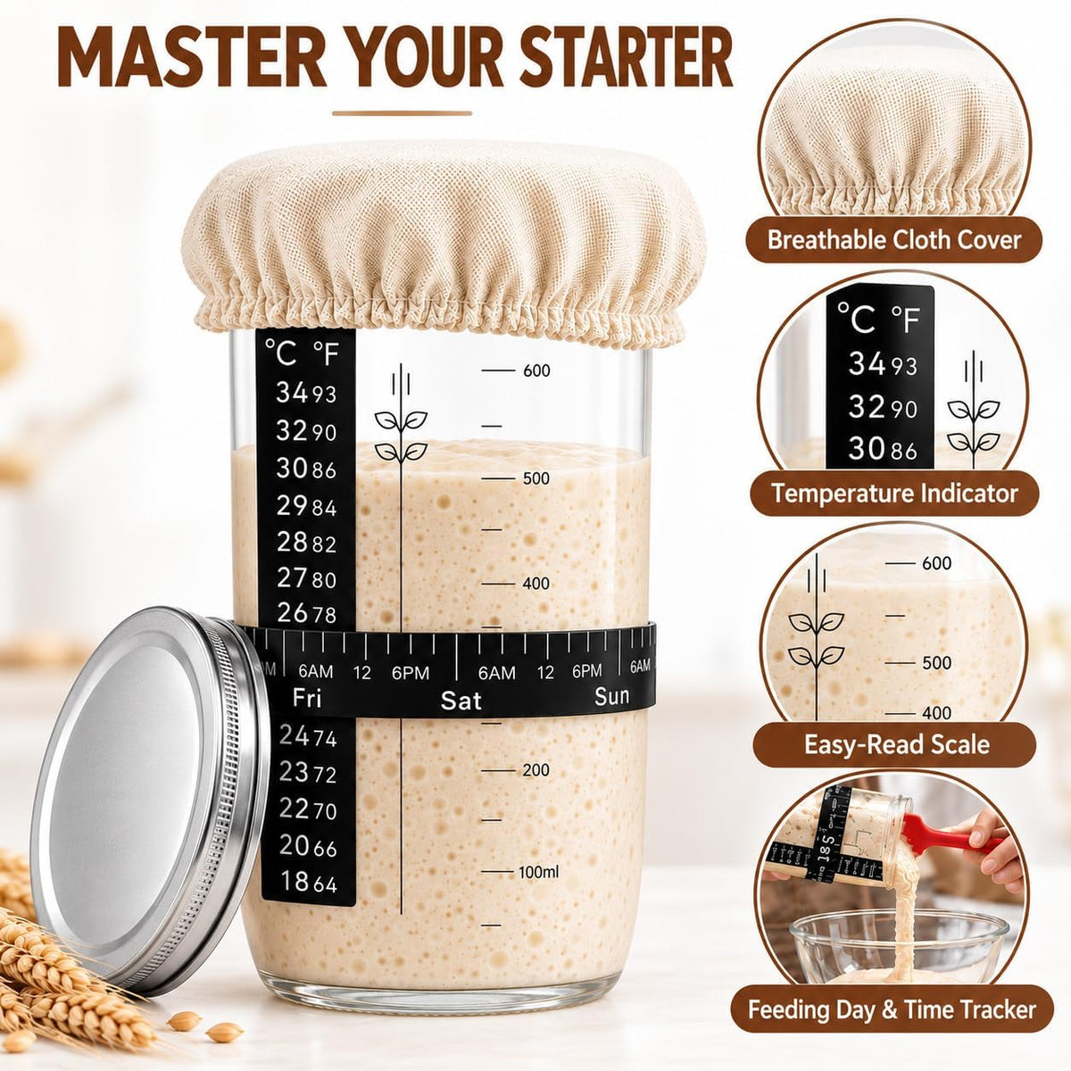 Sourdough Starter Kit - Banneton Proofing Basket 9 Inch Round & 10 Oval, Complete Sourdough Bread Baking Supplies with Starter Jar, Bread Sling, Lame, Danish Dough Whisk, Bags