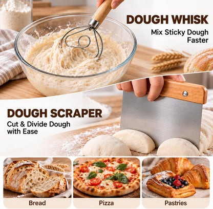 Sourdough Starter Kit - Banneton Proofing Basket 9 Inch Round & 10 Oval, Complete Sourdough Bread Baking Supplies with Starter Jar, Bread Sling, Lame, Danish Dough Whisk, Bags