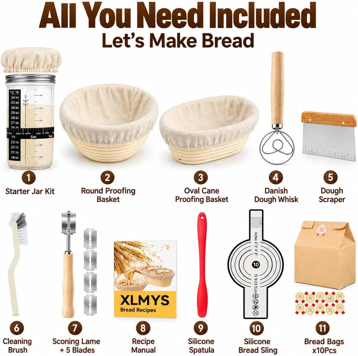 Sourdough Starter Kit - Banneton Proofing Basket 9 Inch Round & 10 Oval, Complete Sourdough Bread Baking Supplies with Starter Jar, Bread Sling, Lame, Danish Dough Whisk, Bags