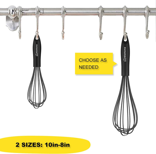 Silicone Whisk Set 8" 10" Kitchen Whisk Kitchen Wisk Wire Whisks for Cooking, Whisking, Blending, Beating, Stirring-Black