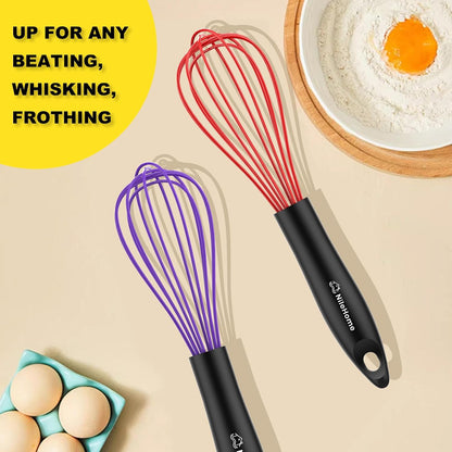 Silicone Whisk Set 8" 10" Kitchen Whisk Kitchen Wisk Wire Whisks for Cooking, Whisking, Blending, Beating, Stirring-Black