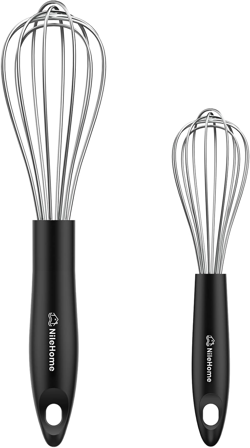 Silicone Whisk Set 8" 10" Kitchen Whisk Kitchen Wisk Wire Whisks for Cooking, Whisking, Blending, Beating, Stirring-Black