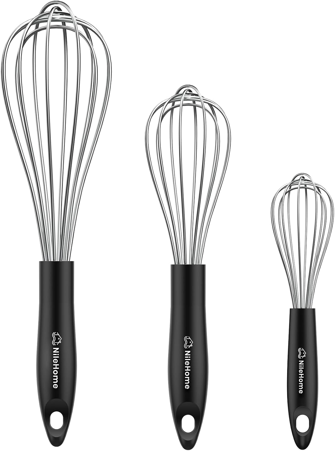 Silicone Whisk Set 8" 10" Kitchen Whisk Kitchen Wisk Wire Whisks for Cooking, Whisking, Blending, Beating, Stirring-Black