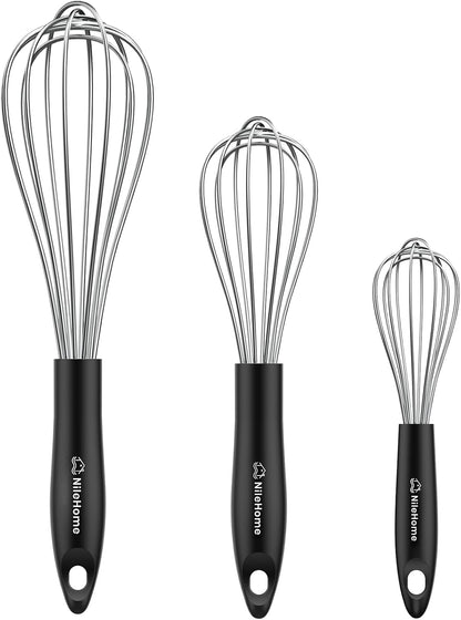 Silicone Whisk Set 8" 10" Kitchen Whisk Kitchen Wisk Wire Whisks for Cooking, Whisking, Blending, Beating, Stirring-Black