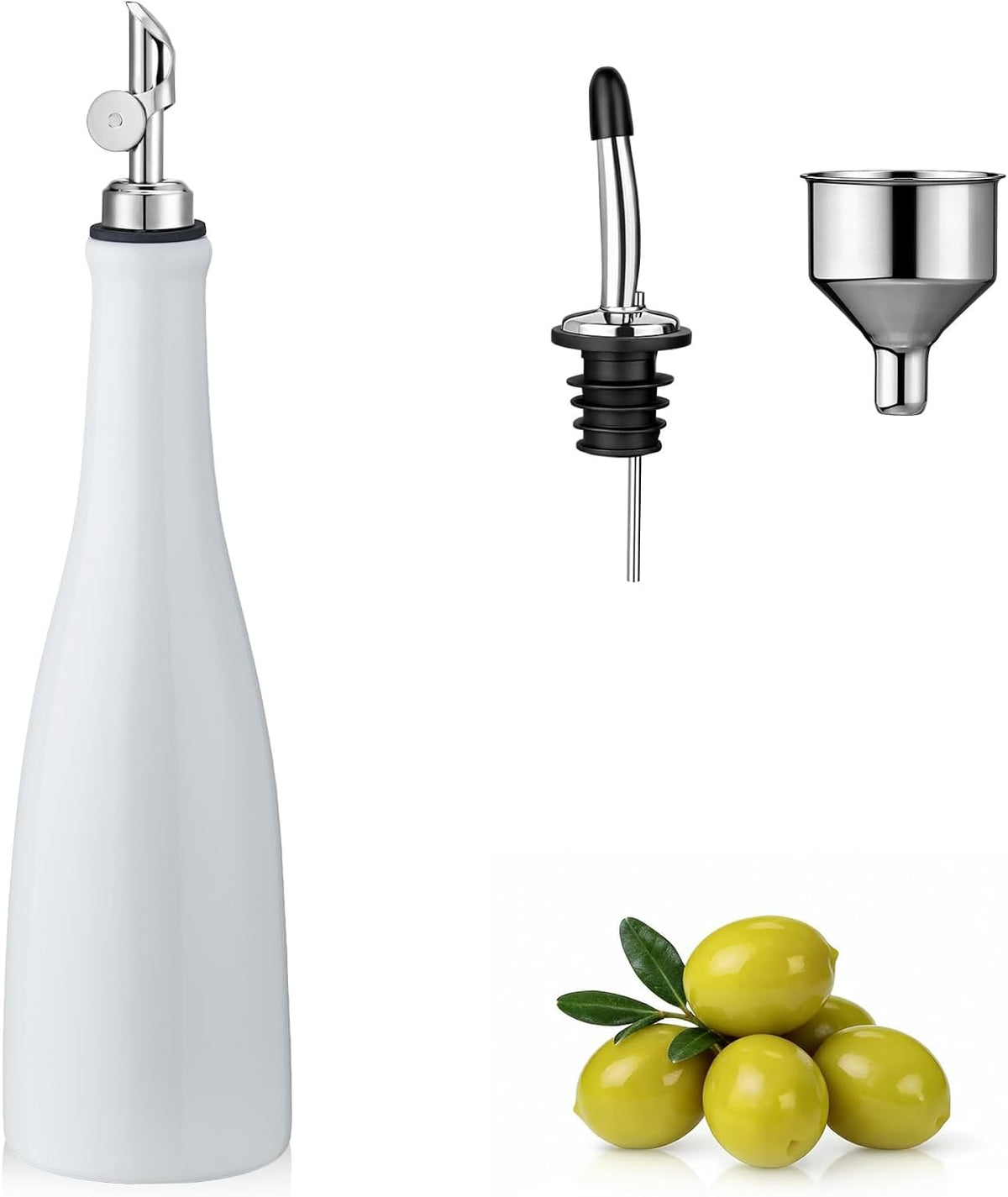 Olive Oil Dispenser Bottle, 20oz Ceramic Oil Dispenser for Kitchen | Oil Bottle with Gravity Spout, Leak Proof EVOO Dispensing Bottle with 2 Spouts and 1 Funnel for Vinegar, Juice(White)