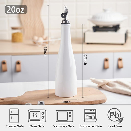 Olive Oil Dispenser Bottle, 20oz Ceramic Oil Dispenser for Kitchen | Oil Bottle with Gravity Spout, Leak Proof EVOO Dispensing Bottle with 2 Spouts and 1 Funnel for Vinegar, Juice(White)
