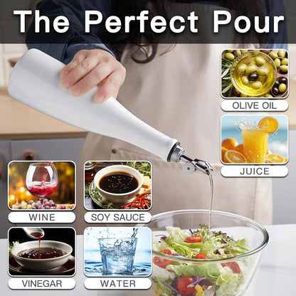 Olive Oil Dispenser Bottle, 20oz Ceramic Oil Dispenser for Kitchen | Oil Bottle with Gravity Spout, Leak Proof EVOO Dispensing Bottle with 2 Spouts and 1 Funnel for Vinegar, Juice(White)