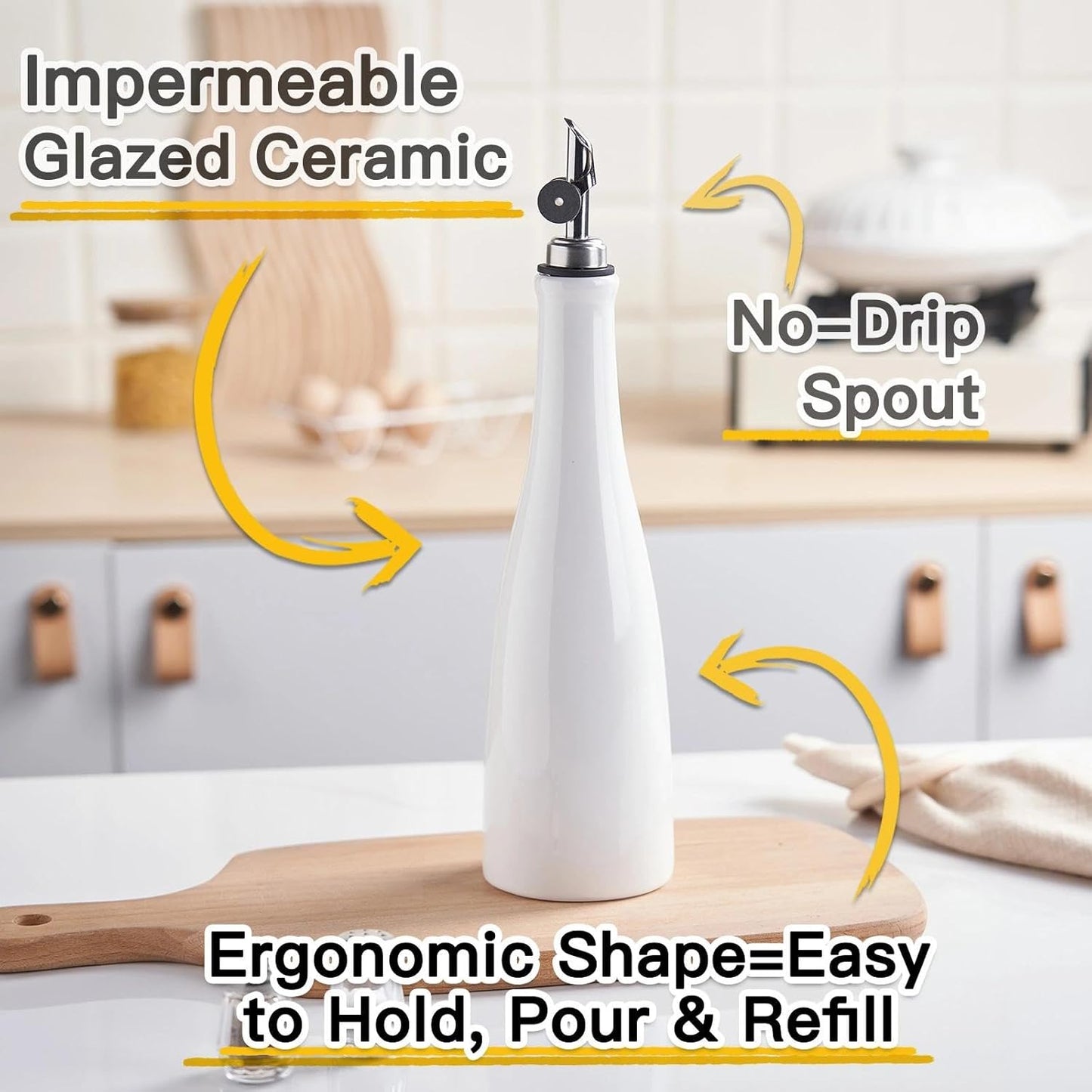 Olive Oil Dispenser Bottle, 20oz Ceramic Oil Dispenser for Kitchen | Oil Bottle with Gravity Spout, Leak Proof EVOO Dispensing Bottle with 2 Spouts and 1 Funnel for Vinegar, Juice(White)
