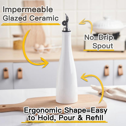 Olive Oil Dispenser Bottle, 20oz Ceramic Oil Dispenser for Kitchen | Oil Bottle with Gravity Spout, Leak Proof EVOO Dispensing Bottle with 2 Spouts and 1 Funnel for Vinegar, Juice(White)