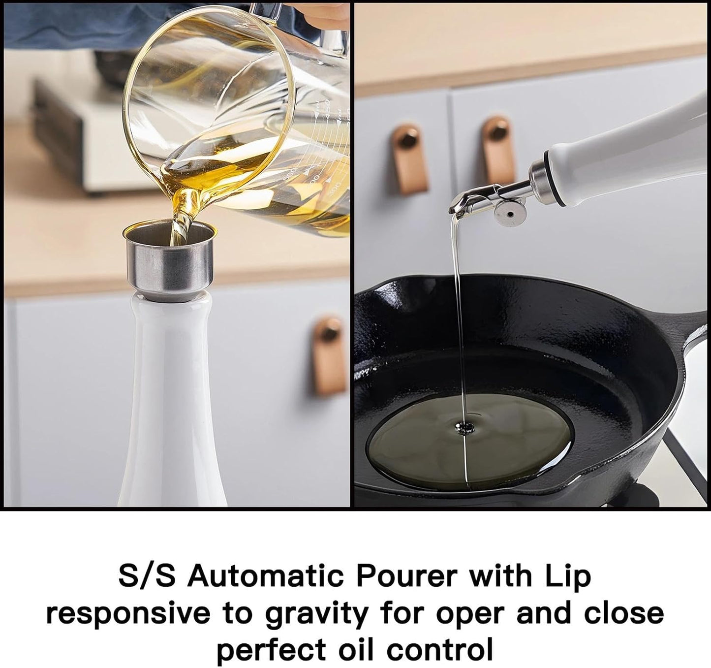 Olive Oil Dispenser Bottle, 20oz Ceramic Oil Dispenser for Kitchen | Oil Bottle with Gravity Spout, Leak Proof EVOO Dispensing Bottle with 2 Spouts and 1 Funnel for Vinegar, Juice(White)