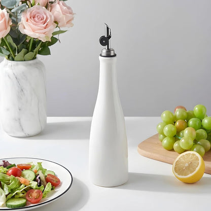 Olive Oil Dispenser Bottle, 20oz Ceramic Oil Dispenser for Kitchen | Oil Bottle with Gravity Spout, Leak Proof EVOO Dispensing Bottle with 2 Spouts and 1 Funnel for Vinegar, Juice(White)