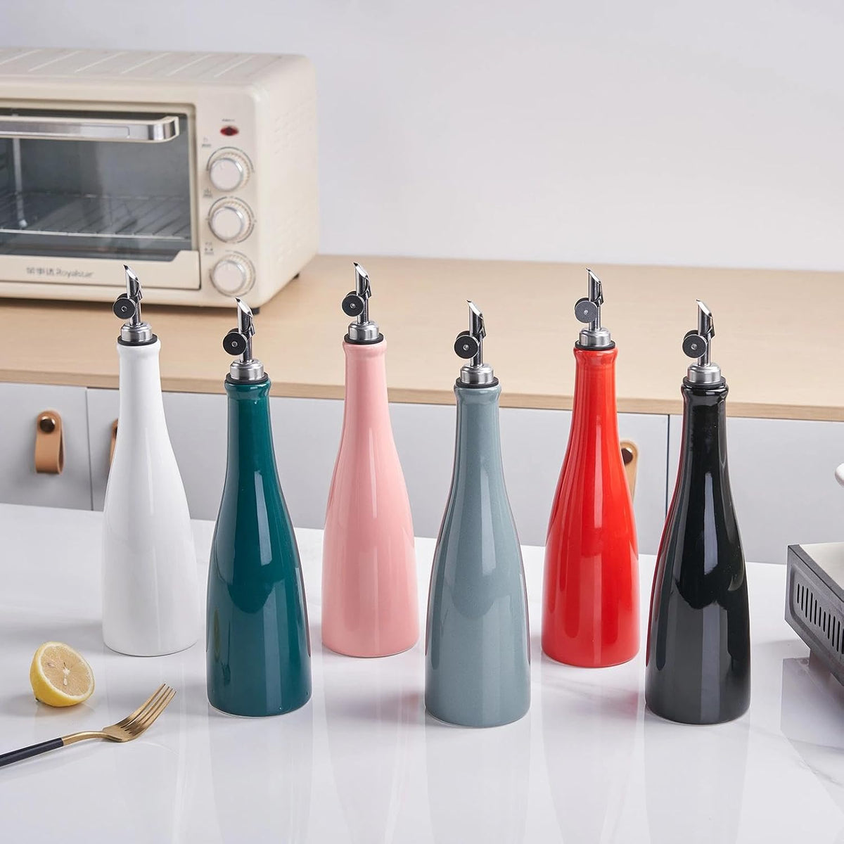 Olive Oil Dispenser Bottle, 20oz Ceramic Oil Dispenser for Kitchen | Oil Bottle with Gravity Spout, Leak Proof EVOO Dispensing Bottle with 2 Spouts and 1 Funnel for Vinegar, Juice(White)