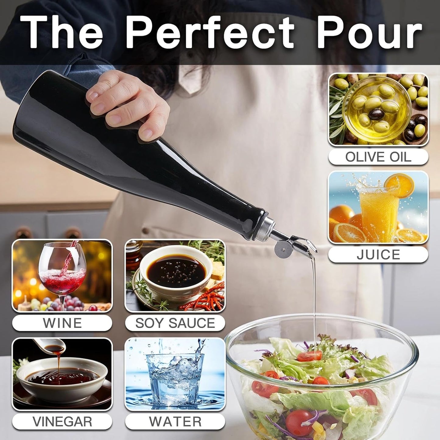 Olive Oil Dispenser Bottle, 20oz Ceramic Oil Dispenser for Kitchen | Oil Bottle with Gravity Spout, Leak Proof EVOO Dispensing Bottle with 2 Spouts and 1 Funnel for Vinegar, Juice(White)