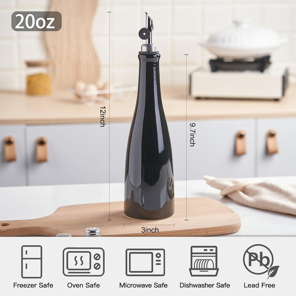 Olive Oil Dispenser Bottle, 20oz Ceramic Oil Dispenser for Kitchen | Oil Bottle with Gravity Spout, Leak Proof EVOO Dispensing Bottle with 2 Spouts and 1 Funnel for Vinegar, Juice(White)