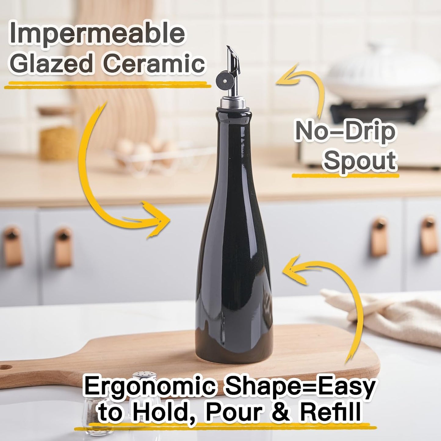 Olive Oil Dispenser Bottle, 20oz Ceramic Oil Dispenser for Kitchen | Oil Bottle with Gravity Spout, Leak Proof EVOO Dispensing Bottle with 2 Spouts and 1 Funnel for Vinegar, Juice(White)