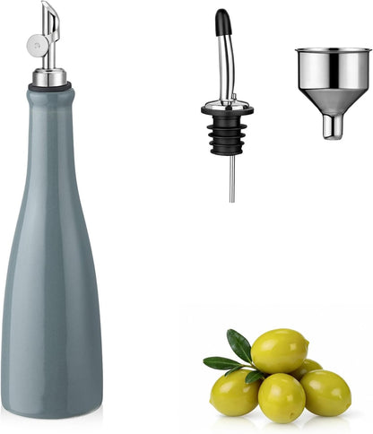 Olive Oil Dispenser Bottle, 20oz Ceramic Oil Dispenser for Kitchen | Oil Bottle with Gravity Spout, Leak Proof EVOO Dispensing Bottle with 2 Spouts and 1 Funnel for Vinegar, Juice(White)