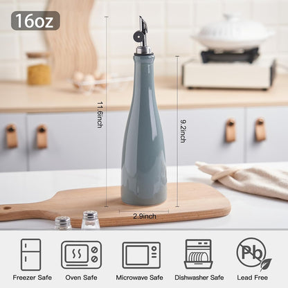 Olive Oil Dispenser Bottle, 20oz Ceramic Oil Dispenser for Kitchen | Oil Bottle with Gravity Spout, Leak Proof EVOO Dispensing Bottle with 2 Spouts and 1 Funnel for Vinegar, Juice(White)