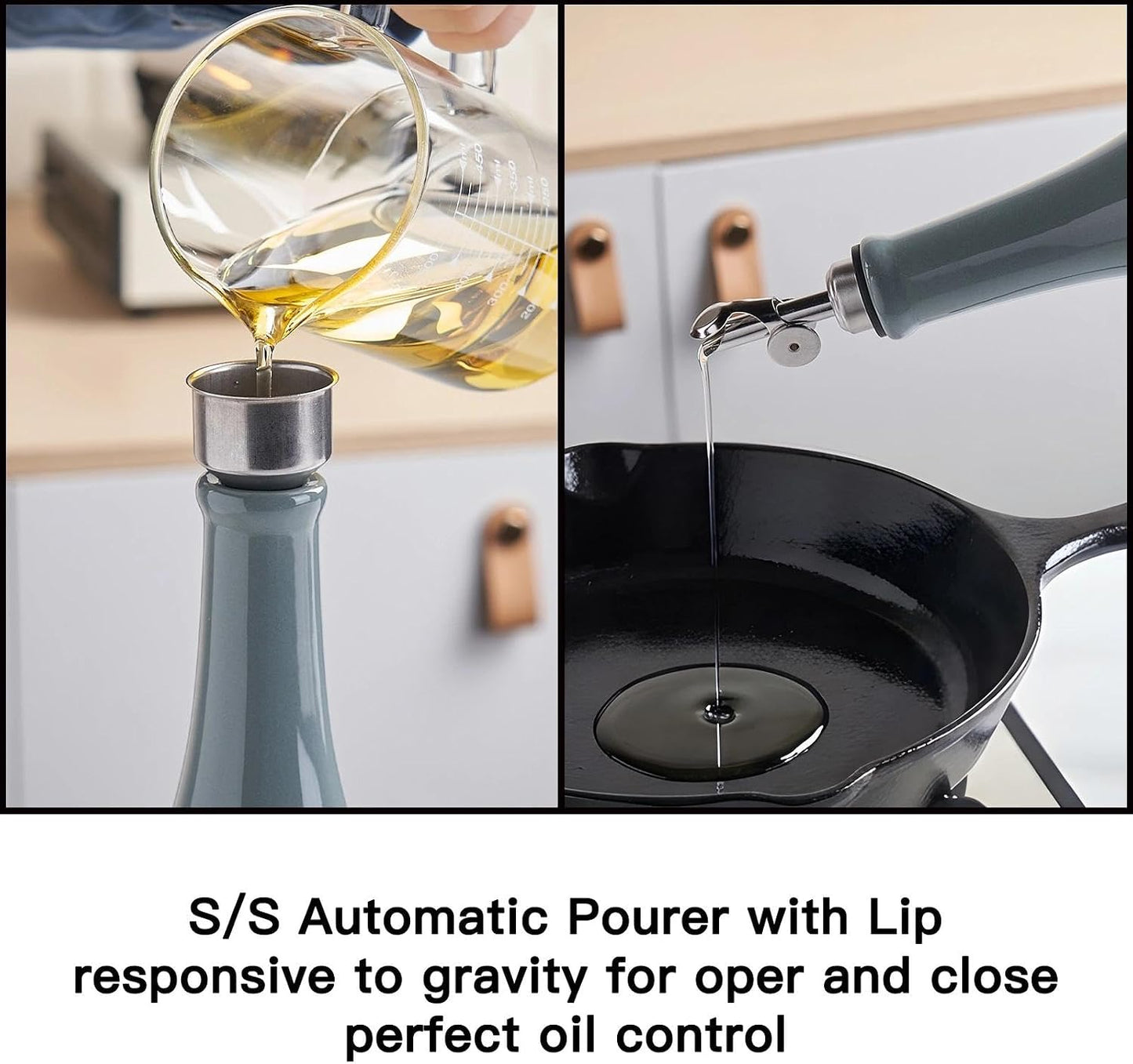 Olive Oil Dispenser Bottle, 20oz Ceramic Oil Dispenser for Kitchen | Oil Bottle with Gravity Spout, Leak Proof EVOO Dispensing Bottle with 2 Spouts and 1 Funnel for Vinegar, Juice(White)