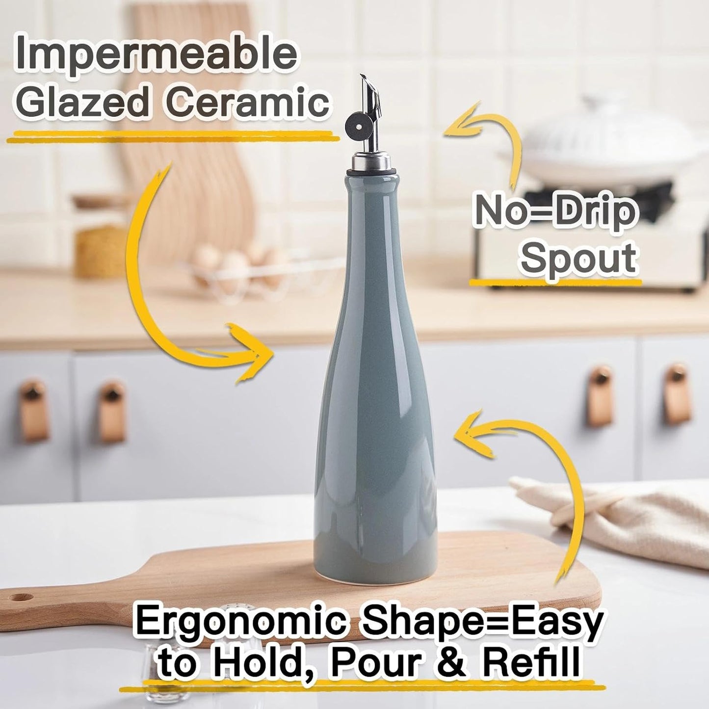 Olive Oil Dispenser Bottle, 20oz Ceramic Oil Dispenser for Kitchen | Oil Bottle with Gravity Spout, Leak Proof EVOO Dispensing Bottle with 2 Spouts and 1 Funnel for Vinegar, Juice(White)
