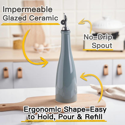 Olive Oil Dispenser Bottle, 20oz Ceramic Oil Dispenser for Kitchen | Oil Bottle with Gravity Spout, Leak Proof EVOO Dispensing Bottle with 2 Spouts and 1 Funnel for Vinegar, Juice(White)