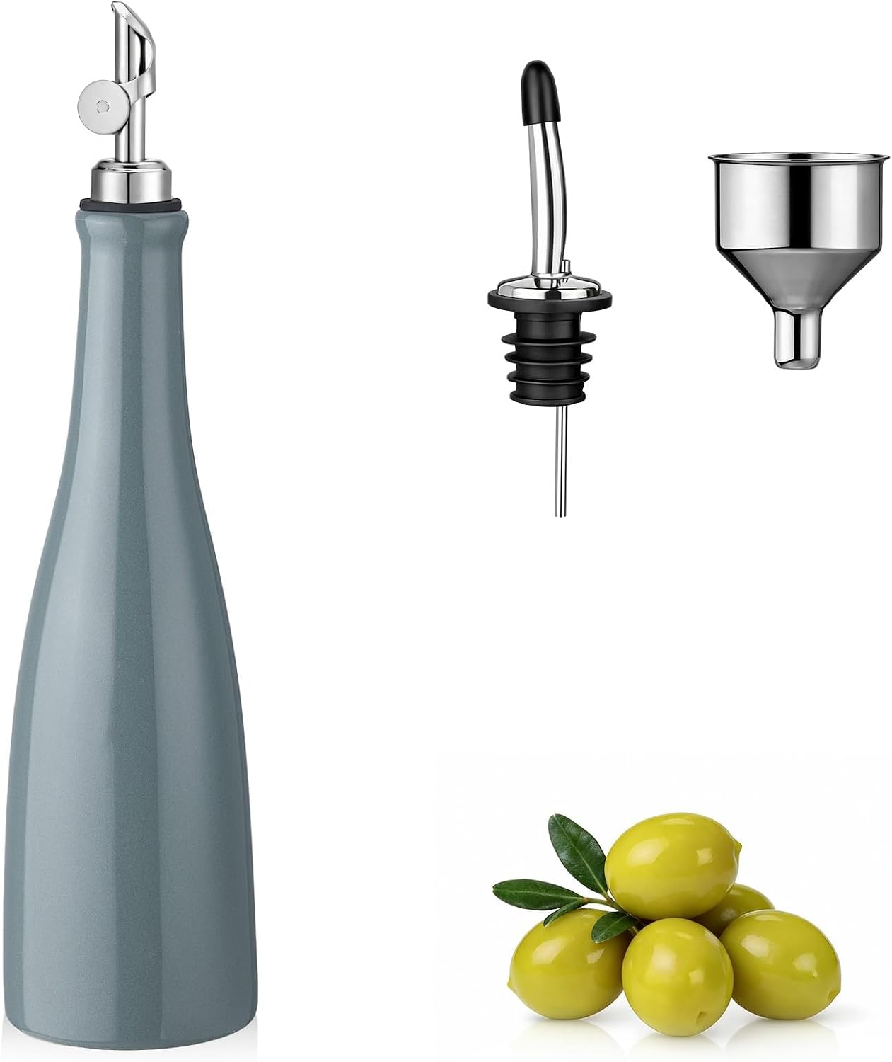 Olive Oil Dispenser Bottle, 20oz Ceramic Oil Dispenser for Kitchen | Oil Bottle with Gravity Spout, Leak Proof EVOO Dispensing Bottle with 2 Spouts and 1 Funnel for Vinegar, Juice(White)