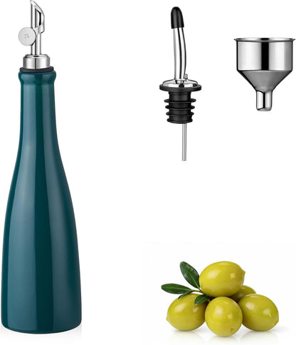 Olive Oil Dispenser Bottle, 20oz Ceramic Oil Dispenser for Kitchen | Oil Bottle with Gravity Spout, Leak Proof EVOO Dispensing Bottle with 2 Spouts and 1 Funnel for Vinegar, Juice(White)