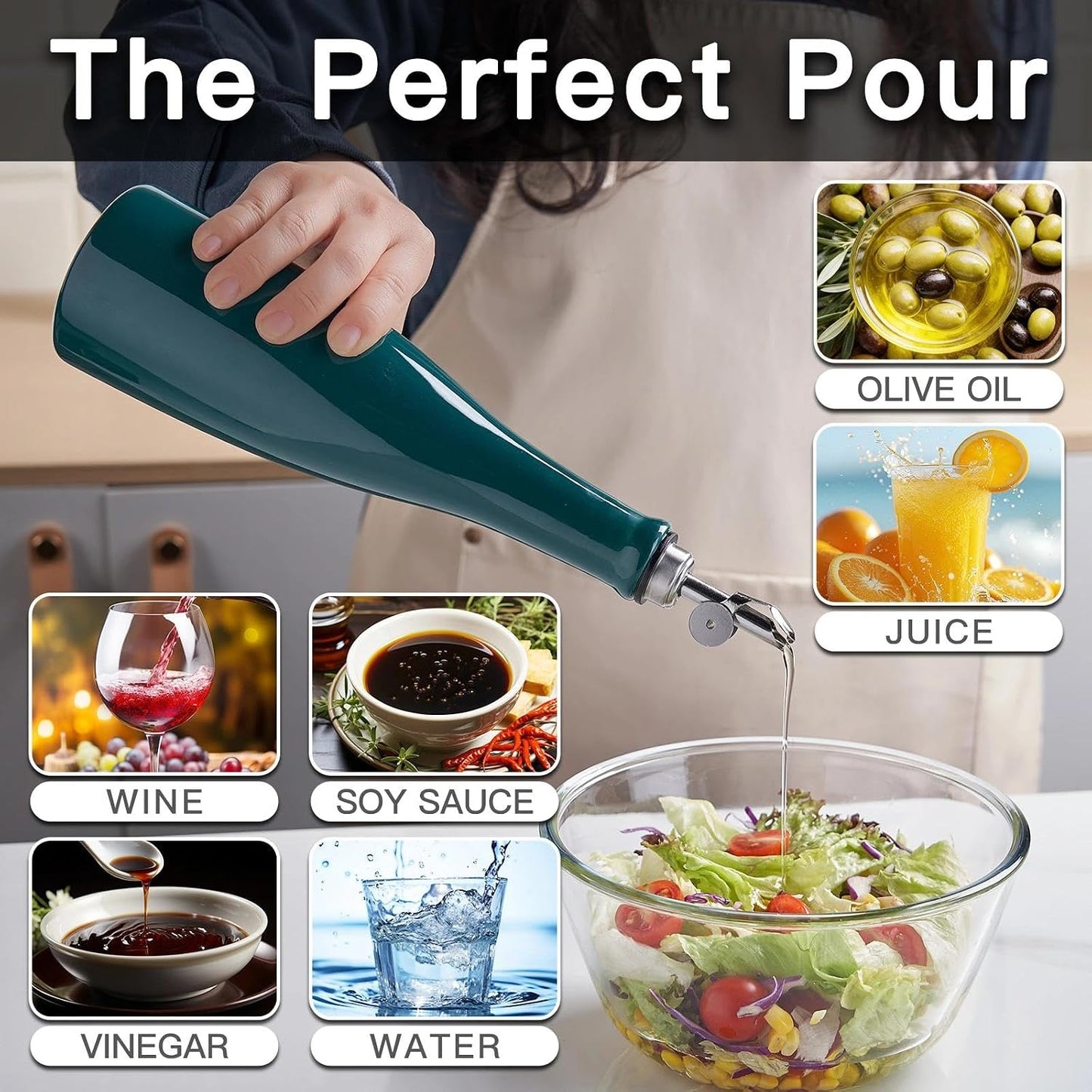 Olive Oil Dispenser Bottle, 20oz Ceramic Oil Dispenser for Kitchen | Oil Bottle with Gravity Spout, Leak Proof EVOO Dispensing Bottle with 2 Spouts and 1 Funnel for Vinegar, Juice(White)